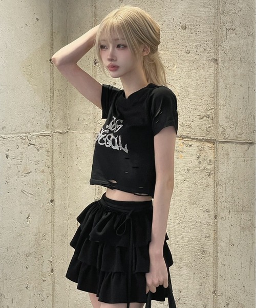 KsG tシャツ 半袖 ダメージラインストーンクロップドTシャツ