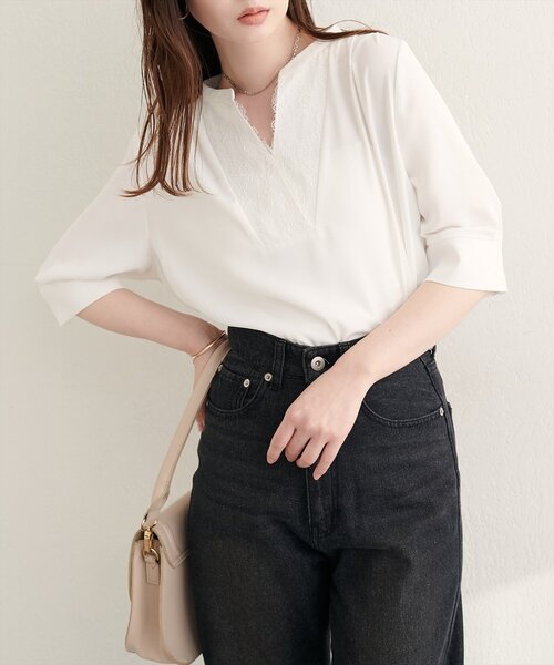 natural couture ブラウス シャツ フロントレースVネックブラウス