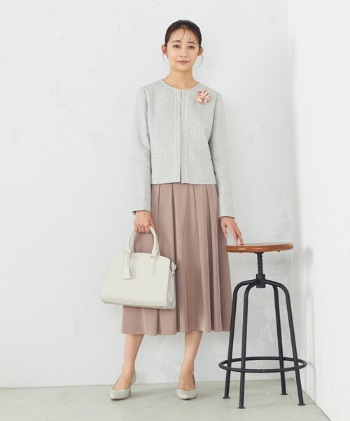 【美品】COMME CA ISM ツイード　ノーカラージャケット ベージュ セール】 【セットアップ対応】ラメツイード ノーカラー
