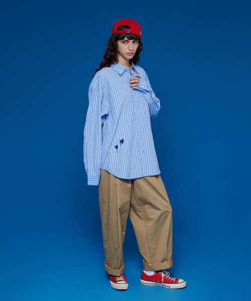 ストライプ長袖シャツ ハートロゴ ONCILY シャツ HEART EMBROIDERY STRIPE SHIRT / ハート刺繍
