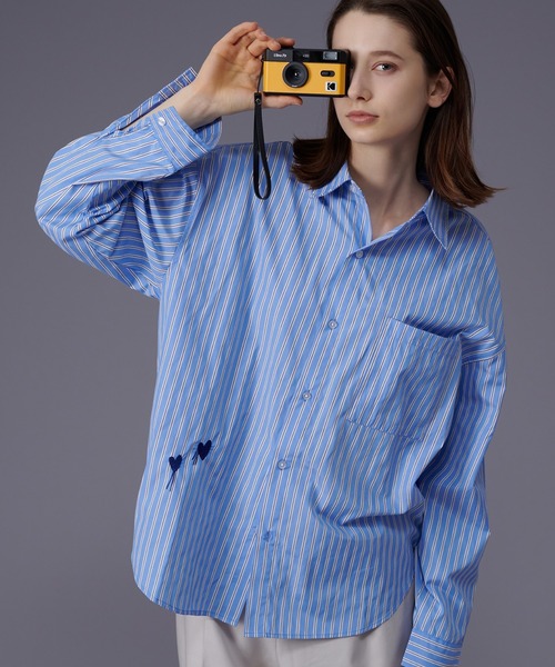 【AMI】ハートロゴ ビッグフィット開襟シャツ ストライプ ONCILY シャツ HEART EMBROIDERY STRIPE SHIRT / ハート刺繍