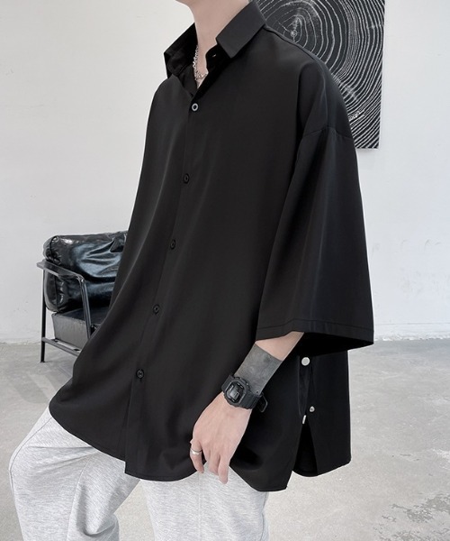 boohoo MAN★半袖 フェイクレザー ボタン シャツ ワイシャツ メンズ 肩落ち ゆったりシャツ 黒色 ボタンアップ 春夏 ギフトに