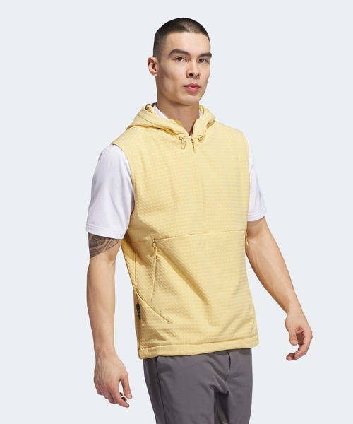 サイズ：M ADIDAS GOLF アディダスゴルフ 2024年 WIND.RDY 裏起毛 フード ハーフジップベスト  ブラック系 [240101488372] ゴルフウェア メンズ ストスト サイズ：M ADIDAS GOLF アディダスゴルフ 2024年 WIND.RDY 裏