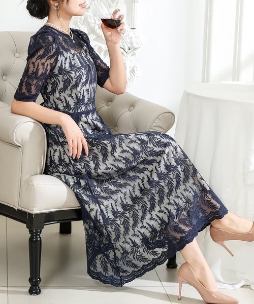 ボタニカル柄 ティアード ワンピース 半袖 ドレス シアー感 ♪ Lace Ladies ドレス ボタニカル柄 半袖 シアー ロング