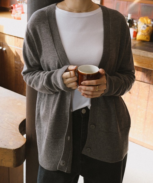 IENA／シルク混×開きひかえめVネックリブニットカーディガン チャコールグレー IENA - 極美品◇イエナ◇リブVネックカーディガン シルク混 チャコール