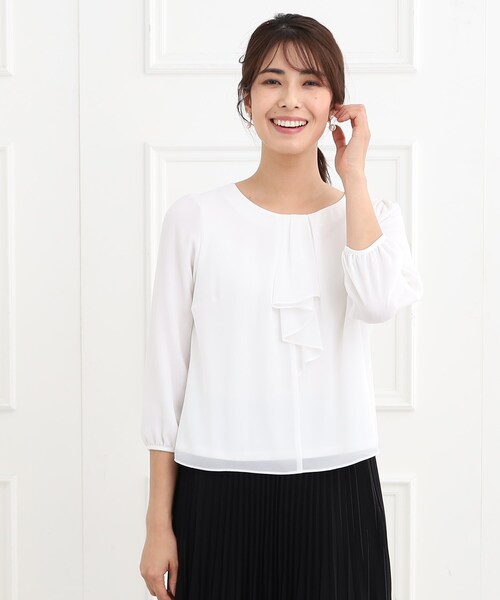 【夏SALE／フォーマルマシンウォッシュ可】フロントラッフルディティールブラウス Reflect ブラウス シャツ 「夏SALE／フォーマル/マシン