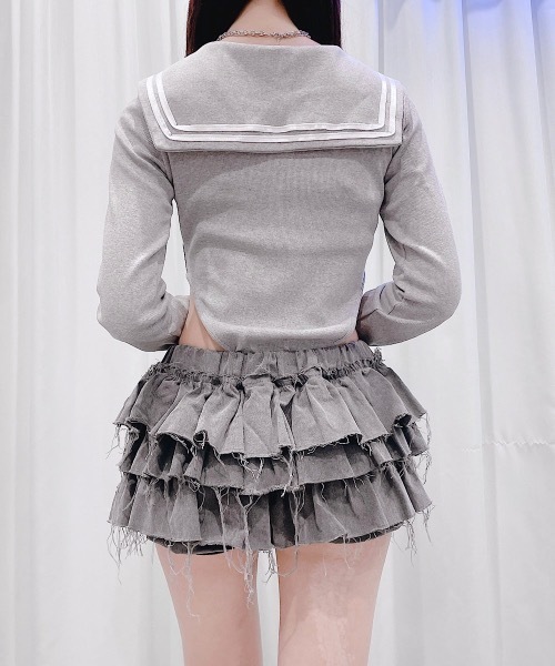 00s 希少 LIZLISA コットンレース&フリル デニムショートパンツ lilLilly（リルリリー） ジーンズ デニム デニムパンツ フリルデニム