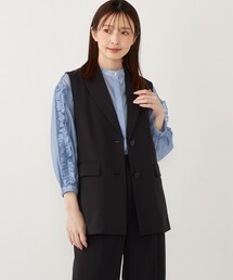 【新品•未使用】SHIPS ネイビー ノーカラーパールボタンポケット付きベスト セール】〈手洗い可能〉メタルボタンツイードニットベスト