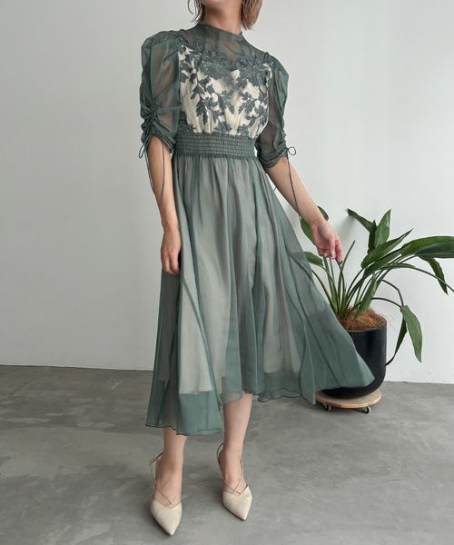 ウエストレースオーガンジードレス　結婚式　二次会　パーティー　ワンピース　ドレス ドレス フラワーレースオーガンジーフレアドレス 結婚式 二次会 成人式