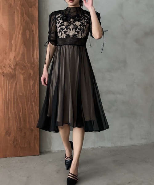 ドレス フラワーレースオーガンジーフレアドレス 結婚式 二次会 成人式