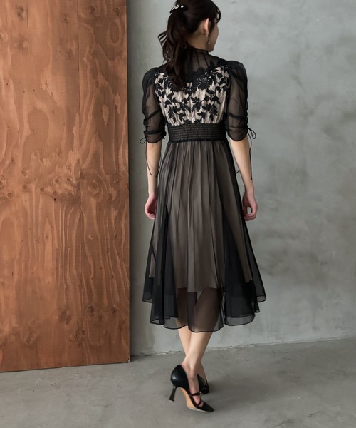 ウエストレースオーガンジードレス　結婚式　二次会　パーティー　ワンピース　ドレス ドレス フラワーレースオーガンジーフレアドレス 結婚式 二次会 成人式