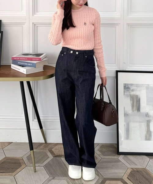 clear ニット セーター クマ刺繍総ケーブルニットトップス「着回し力