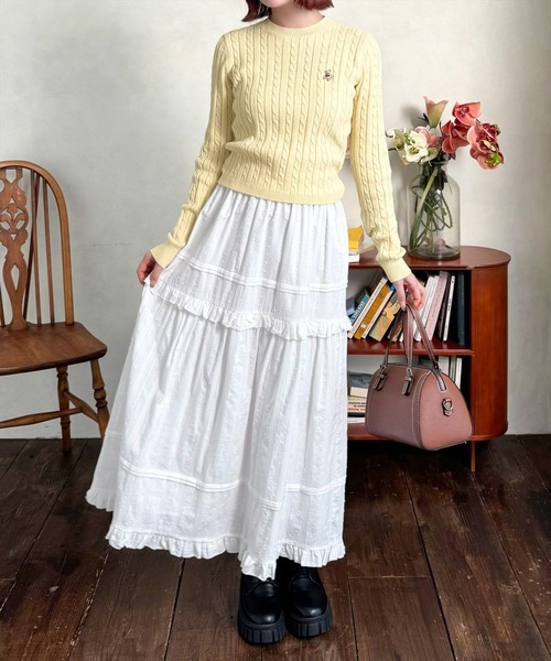 clear ニット セーター クマ刺繍総ケーブルニットトップス「着回し力