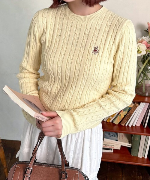 クマ刺繍 半袖ニットセーター ホワイト くま刺しゅうケーブルニット／A｜INGNI(イング) 公式通販｜INGNI