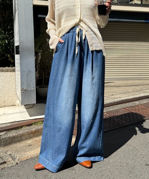 ワイドパンツ ジーンズ デニム デニムパンツ 「低身長・高身長対応/サイズ展開あり」スタイルアップ柔らかワイドイージーパンツ/デニム/スラックスの画像