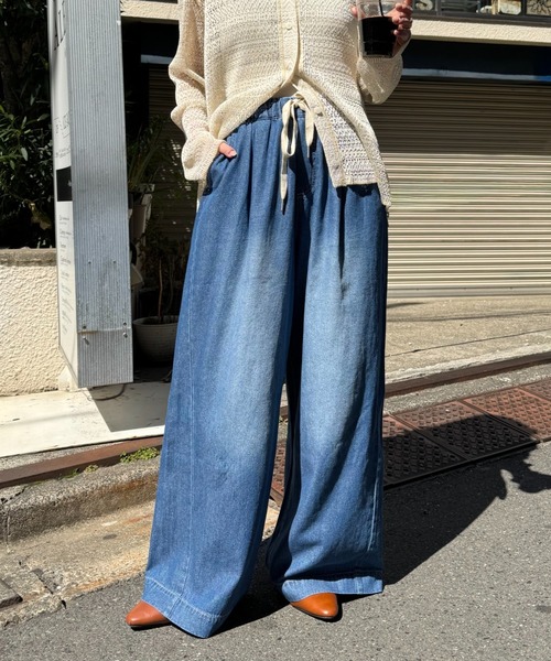 ワイドパンツ ジーンズ デニム デニムパンツ 「低身長・高身長対応/サイズ展開あり」スタイルアップ柔らかワイドイージーパンツ/デニム/スラックスの画像
