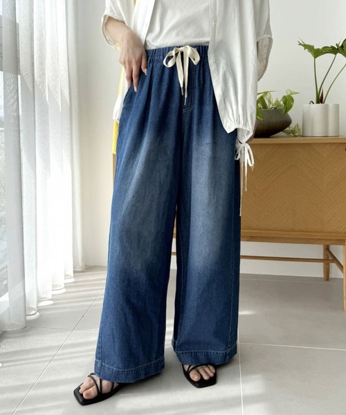 ワイドパンツ ジーンズ デニム デニムパンツ 「低身長・高身長対応/サイズ展開あり」スタイルアップ柔らかワイドイージーパンツ/デニム/スラックスの画像