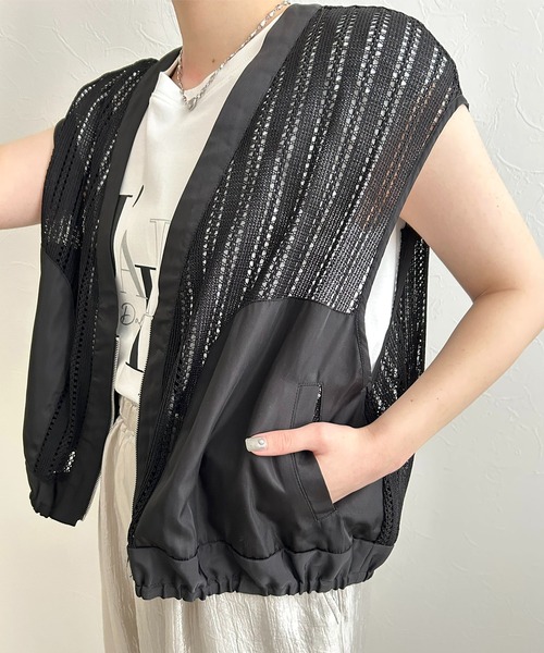 LHELBIE ベスト ジレ ストライプメッシュジレ レディース