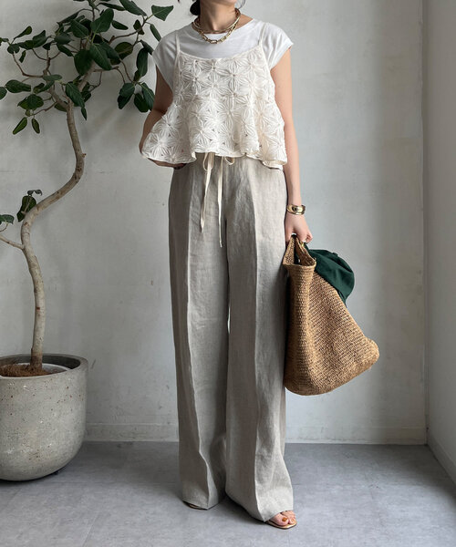 ★MASSIMO DUTTI★ ギャザー加工リネンパンツ 100%リネン DouDou パンツ リネン紐ドロストパンツ レディース : ZOZOTOWN