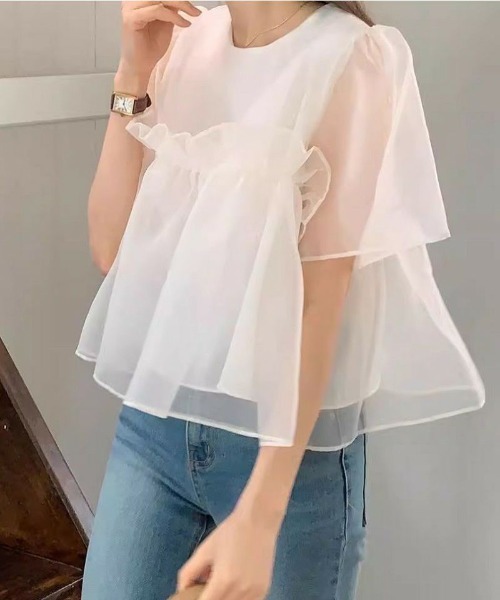 tシャツ バルーンスリーブ  シアーオーガンジー トップス レディース