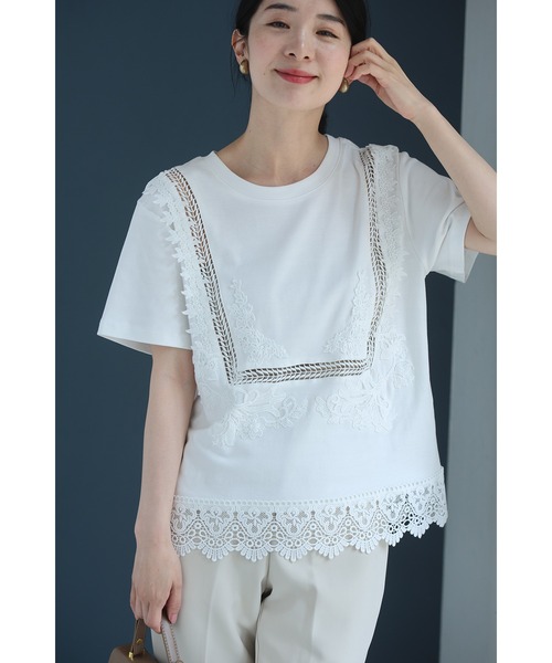 再入荷8月24日 日常にひと匙のエレガント レースTシャツ cawaii w61436ps S~L対応 半袖 クルーネック 刺繍レース ブラック ホワイト オシャレ 個性的 大人可愛い エレガント 上品 春服 春物 夏服 夏物 綿100％ レディース ファッション ミセス 30代 40代 50代 cawaii tシャツ 日常にひと匙のエレガント レースTシャツ レディース