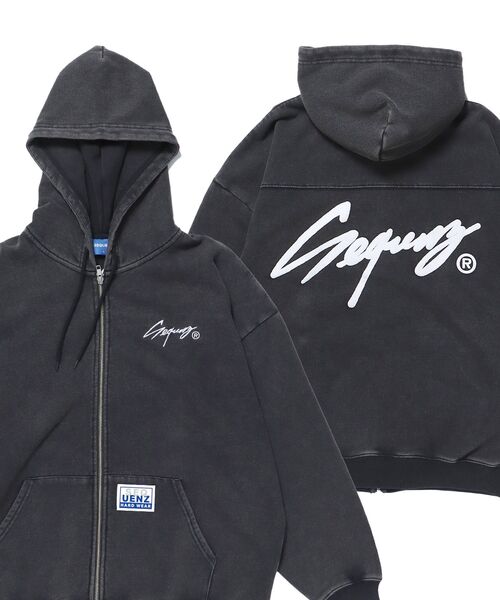 【SEQUENZ（シークエンズ）】 ブラックパーカー 短丈 ダブルジップ SEQUENZE パーカー ＊新色追加「SEQUENZ（シークエンズ）」LOGO
