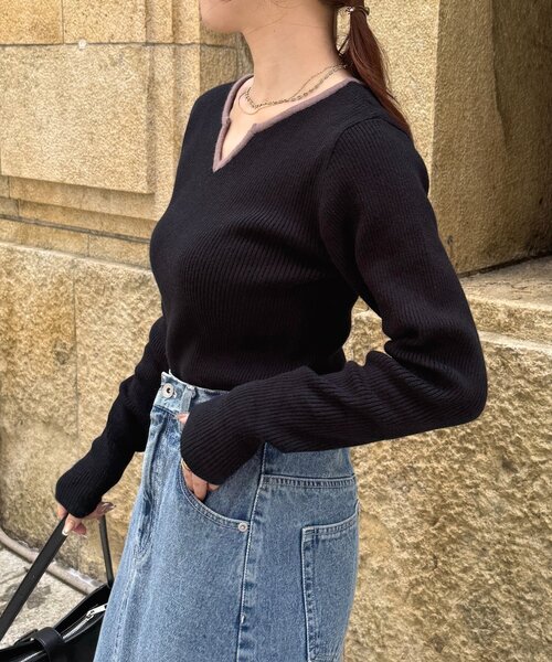 Thevon（ゼヴォン） ニット セーター バイカラーキーネックリブニット