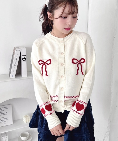 Loueme カーディガン リボンハートジャガードニットカーディガン