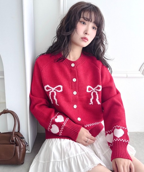 Loueme カーディガン リボンハートジャガードニットカーディガン