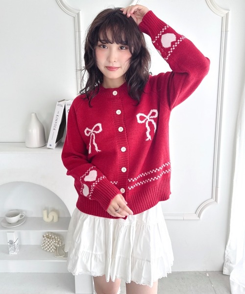 Loueme カーディガン リボンハートジャガードニットカーディガン