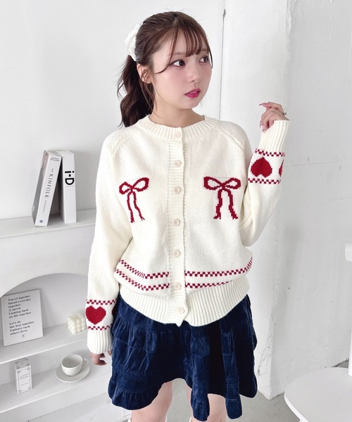 Loueme カーディガン リボンハートジャガードニットカーディガン