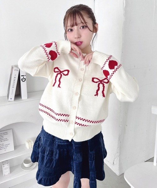Loueme カーディガン リボンハートジャガードニットカーディガン