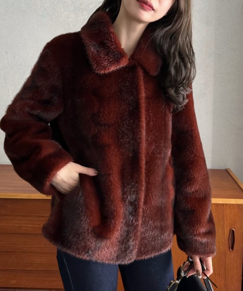 新品未使用/room306/ボリュームショートコート　RED Eclat one コート アウター 「Eclat one」フェイクファー 襟付き