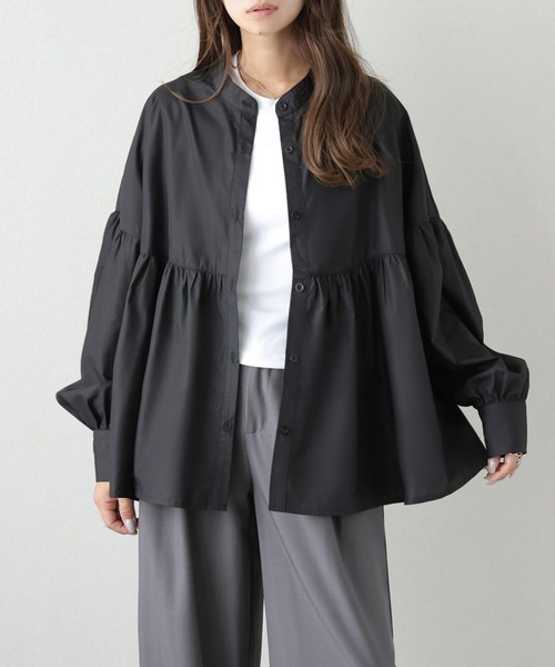 ブラウス シャツ バンドカラーギャザーシャツ レディース : ZOZOTOWN