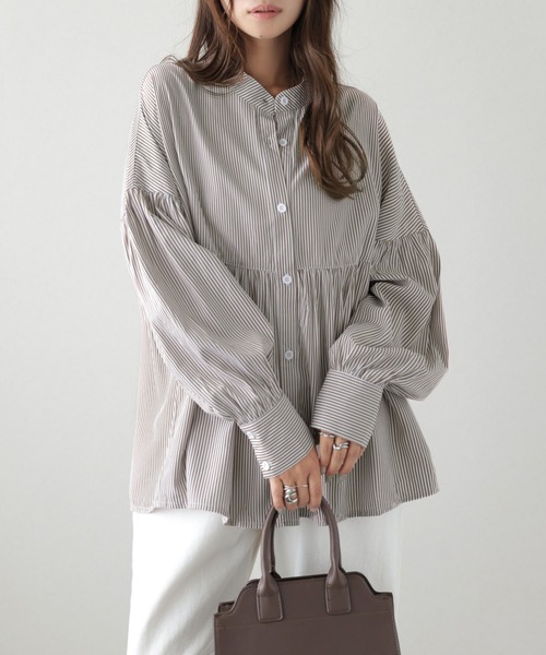 ブラウス シャツ バンドカラーギャザーシャツ レディース : ZOZOTOWN