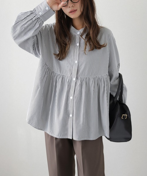 ブラウス シャツ バンドカラーギャザーシャツ レディース : ZOZOTOWN