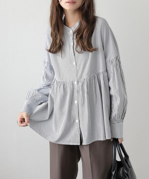 ブラウス シャツ バンドカラーギャザーシャツ レディース : ZOZOTOWN