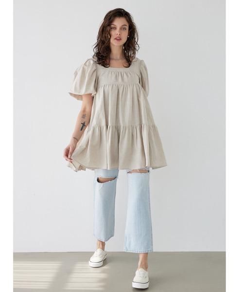 「ALEXIA STAM」 半袖ワンピース M ベージュ レディース_画像7