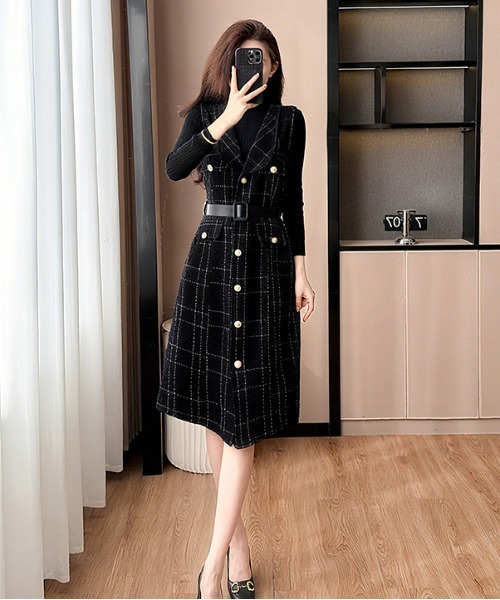 ロイスクレヨン ジレ ワンピース ベルト チェック 金ボタン ダブル