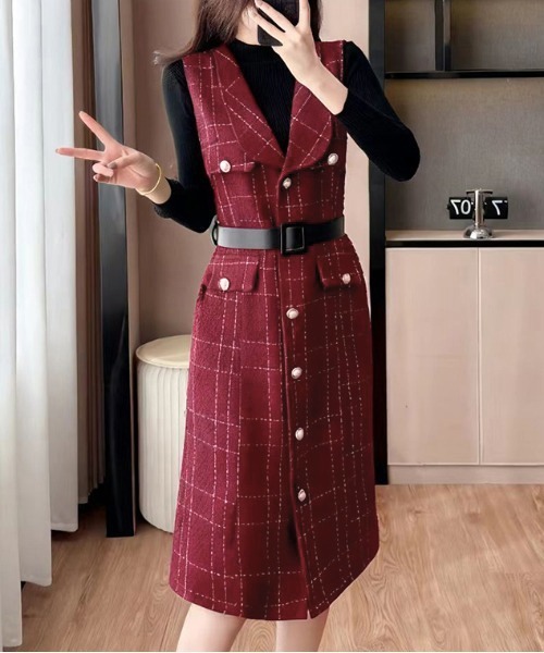 チェック柄ロングコート ウエストベルト付き gossip!ロサンゼルス ワンピース Y2K レトロ チェック柄ベスト