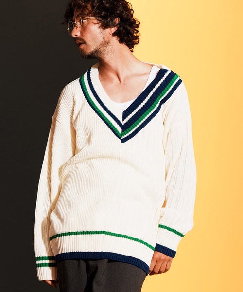 「ANGENEHM」 長袖ニット M ホワイト×ブルー メンズ_画像3