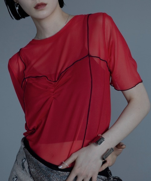 SUKALA アクティブシアーTee レディースＬサイズ　コッパーレッド tシャツ 半袖 コルセットライク配色シアートップス レディース