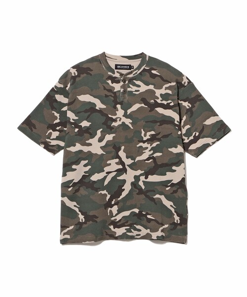 BEAMS ビームス ワッフル サーマル カモフラ 迷彩 BEAMS T（ビームスT） ヘンリーネック tシャツ Camo Waffle Henley