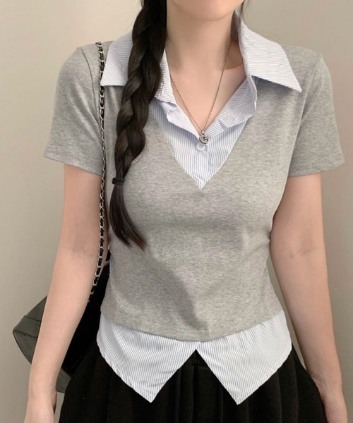 2ly2 tシャツ 半袖 レイヤード風トップス レディース 半袖 Vネック 
