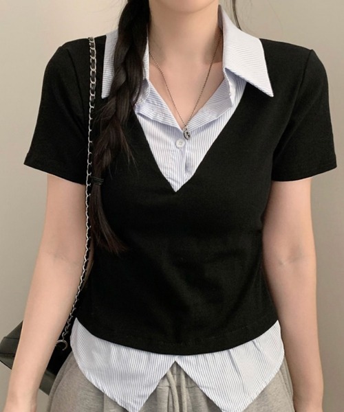 2ly2 tシャツ 半袖 レイヤード風トップス レディース 半袖 Vネック 