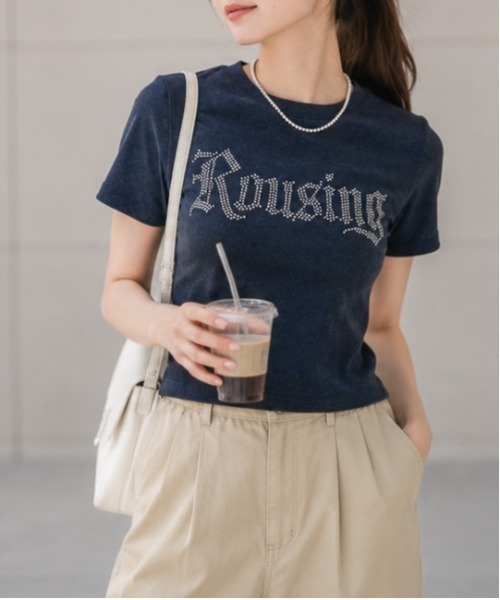 tシャツ 「キラキラロゴ」リブカットソー／韓国ストリート×Y2K／春夏