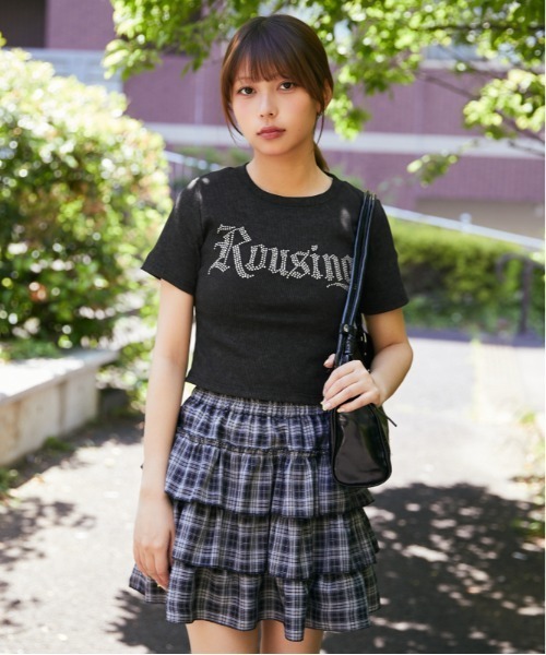 tシャツ 半袖 「キラキラロゴ」リブカットソー／韓国ストリート×Y2K