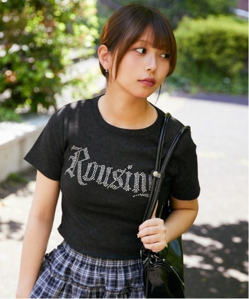 tシャツ 半袖 「キラキラロゴ」リブカットソー／韓国ストリート×Y2K 