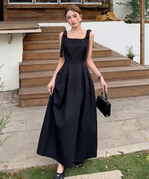 FOXEY BOUTIQUE　バックタックフレアワンピースドレス ドレス 肩リボンボリューム立体タックフレアロングワンピース