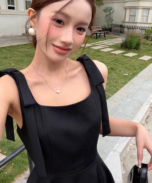   肩リボン　 ドレス ワンピース ドレス 肩リボンボリューム立体タックフレアロングワンピース